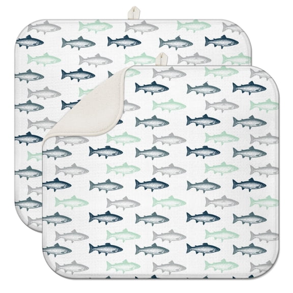 2pcs Marine Life Kitchen Drying Mats Set, Quick Dry Microfiber Dish Drying Pads with Tropical Fish & Ocean Print, 3-Layer Protection for Heat & Scratch Resistance, Space-Saving