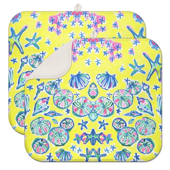 2pcs Marine Life Theme Kitchen Drying Mat, Super Absorbent Microfiber Dish Rack Pad, Foldable Seashell Print Counter Protector