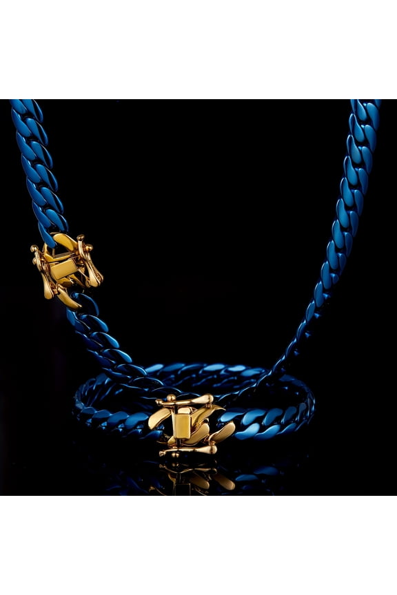 2pcs Men's Miami Chain 18K Gold Plated Plated Button 316 Stainless Steel Blue Necklace Bracelet Set