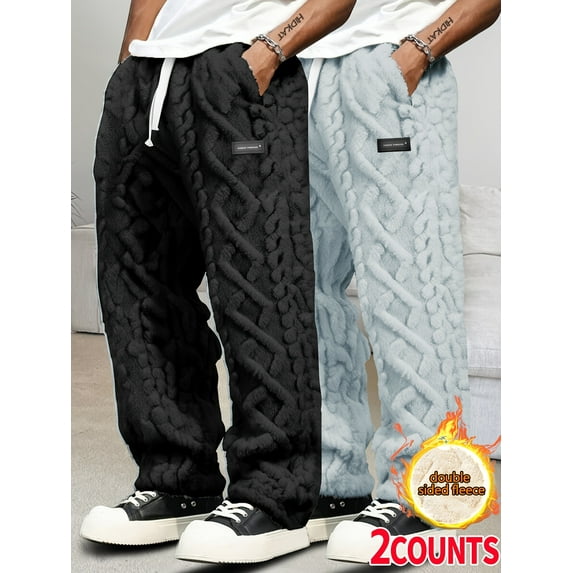 2pcs Men's Winter Thermal Trousers - Heavy-Duty Texture Pants with Mid-Rise Straight-Leg Fit, White (Casual & Outdoor Wear) | No Belt Loops, Hand Washable | Cold Weather Pants for Daily Use