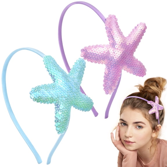 PATOPS 2pcs Starfish Headband Purple Blue Sequin Hair Band Sea Star Beach Wedding Hair Accessories