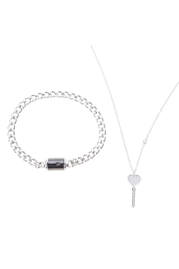 2pcs Metal Chain Bangle Stainless Steel Heart Key Pendant Necklace Fashion Couple Necklace Jewelry Gift