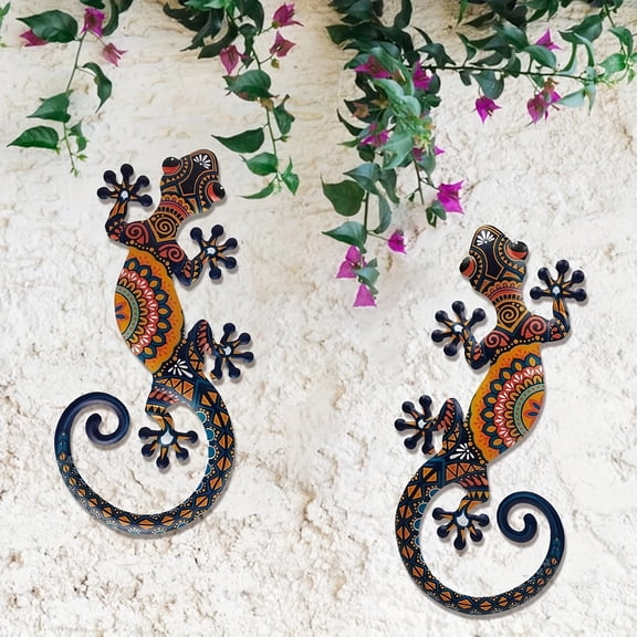 2pcs Metal Lizard Gecko Wall Art Set - Outdoor/Indoor Hanging Decor with Vibrant Tribal Patterns, Fence, Or Home Decoration