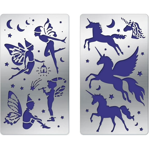 2pcs Metal Scrapbooking Drawing Stencils Set Male Elves and Single Horn Horse Metal Stencils (4x7") Journal Templates Ruler for DIY Scrapbooking Planner Journal and Album Making Matte Platinum Color
