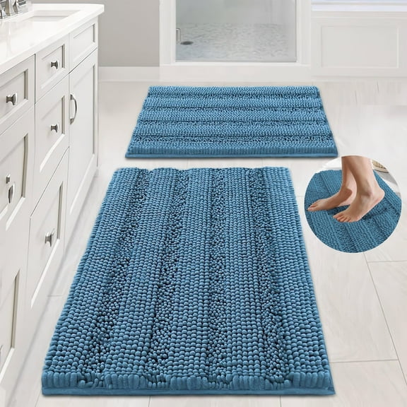 2pcs Microfiber Bath Rug Non Slip Washable, Soft Absorbent Chenille Bathroom Rug, Extra Thick Bath Mat for Bathroom Floor Sink Tub and Shower, 20" x 32"/17" x 24", Turquoise Blue
