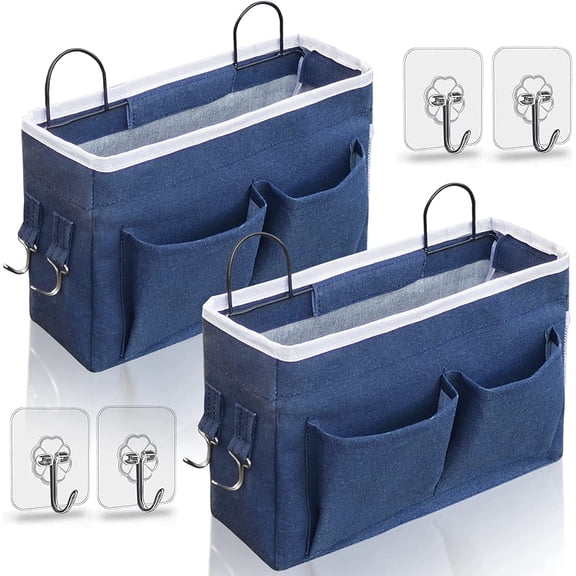2pcs Middle Wall Hanging Organizer Bag, Linen Fabric Door Basket with Pockets, Waterproof Bin for Kitchen, Bedroom, Office, RV Camper (Blue)