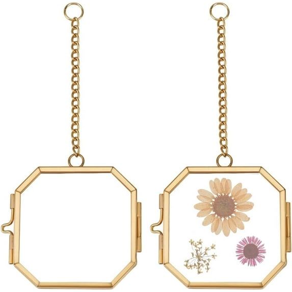 2pcs Mini Hanging Glass Frame 2.2 Inch Wall Hanging Photo Frames Octagon Double Glass Picture Frame with Chain Brass Frame DIY Artwork Display Frames for Pressed Flowers Pictures Home Wall Golden