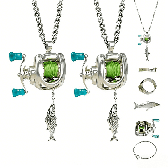 2pcs Mini Rotating Fishing Reel Necklace - Stainless Steel Adjustable Chain Pendant, Moving Line Guide & Rotating Handle Design, Fishing Lover Gift, Stylish Daily Wear Jewelry for Anglers, Multicolor