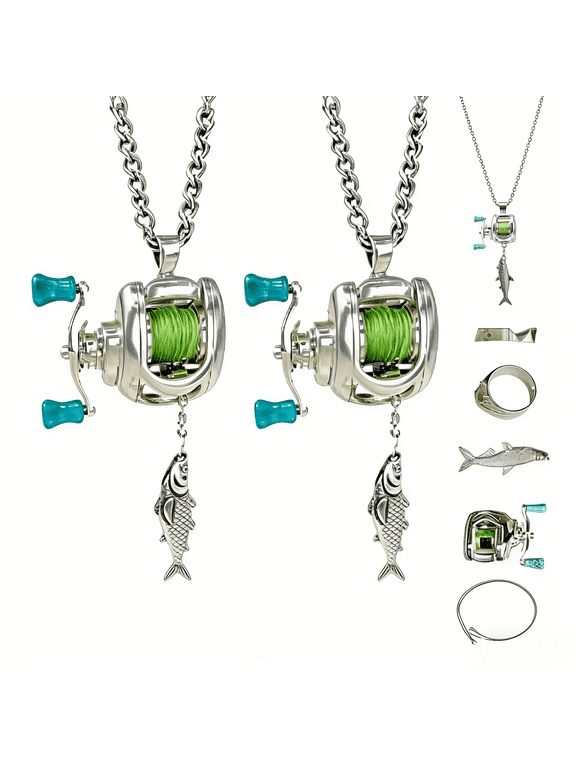 2pcs Mini Rotating Fishing Reel Necklace - Stainless Steel Adjustable Chain Pendant, Moving Line Guide & Rotating Handle Design, Fishing Lover Gift, Stylish Daily Wear Jewelry for Anglers, Multicolor