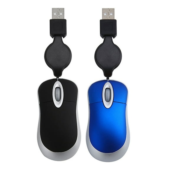 2pcs Mini USB Wired Mouse Retractable Cable Tiny 1600 DPI for 98 2000 XP Vista Ve - Black & Blue