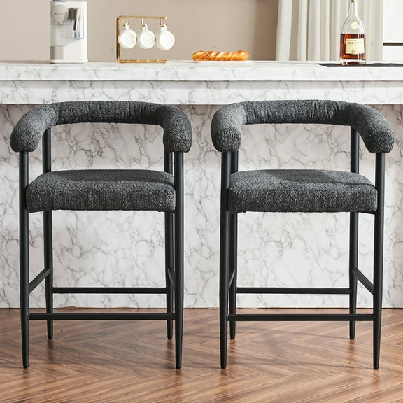 2pcs Modern Curved Armrest Stools, Dark Grey Boucle Fabric With Metal Frame & Foam Filler For Home, Kitchen Island, Dining Room, Cafe Of 2 Bar Upholstered Frame, Home Bar,
