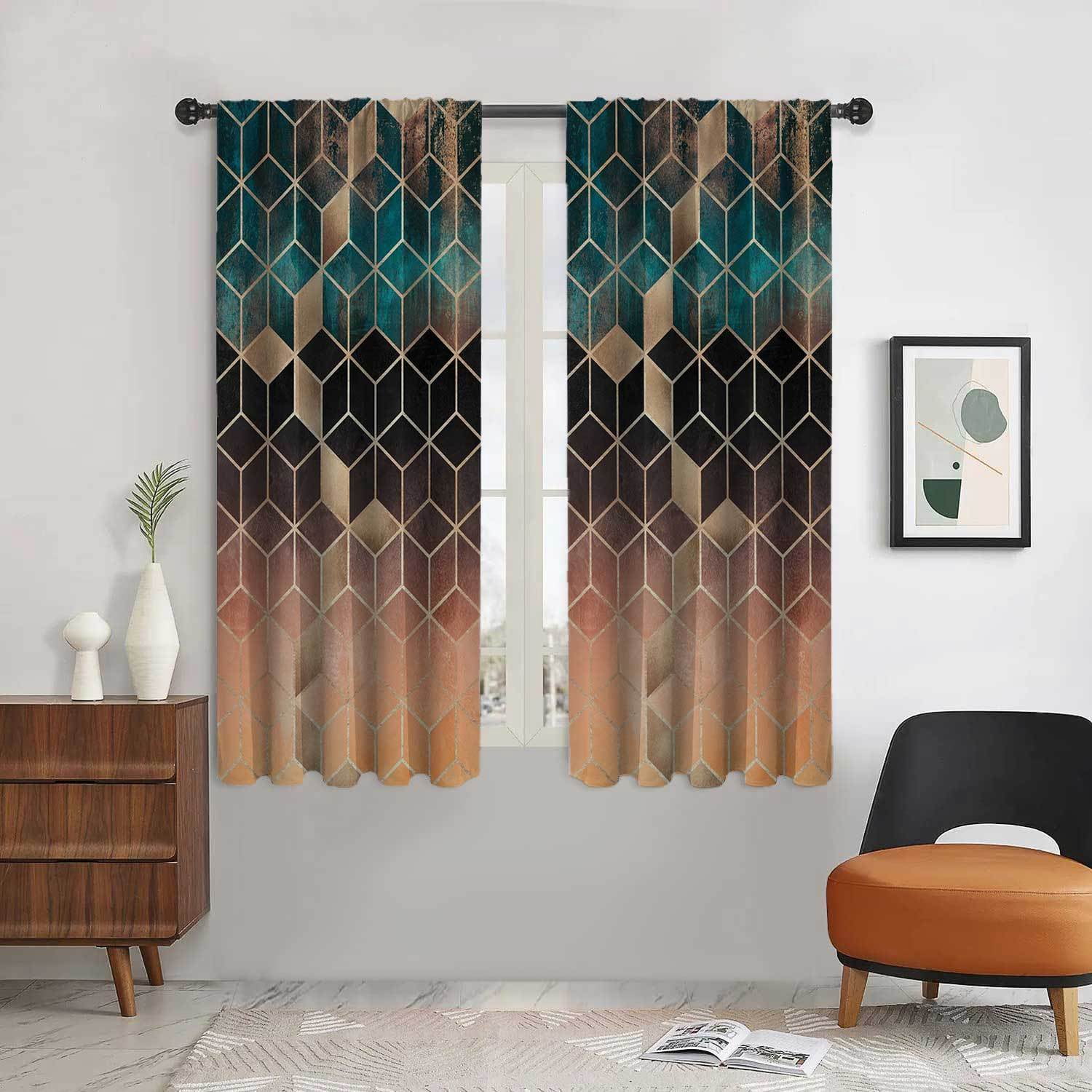 2pcs Modern Minimalist Style Living Room Curtain Geometric Black And White Pattern Printed ...