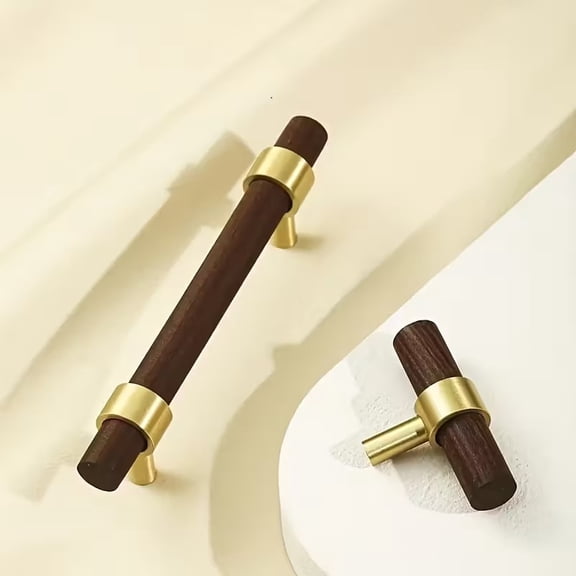 2pcs Modern Walnut & Brass Cabinet Door Handle Set - Elegant Solid Wooden Pull Handles with Screws Included