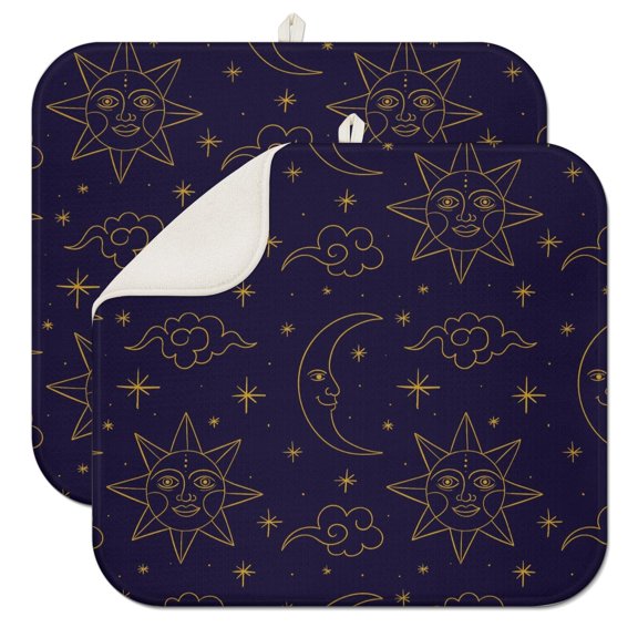 2pcs Moon Phase Dish Drying Pad Starry Witchy Aesthetic Absorbent Foldable Kitchen Mat with Hanging Loop Multipurpose Use