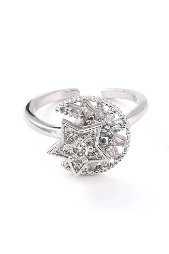 2pcs Moon Star Rotatable Open Ring for Women Brass Cubic Zirconia Fidget Spinner Rings Adjustable Relieve Stress Cuff Ring Platinum 16.9mm
