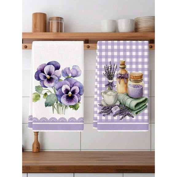 2pcs Multicolor Floral Lavender Spring Kitchen Towel Set, Polyester Hand Towels With Pansy & Lavender Design, Soft Woven Dishcloths
