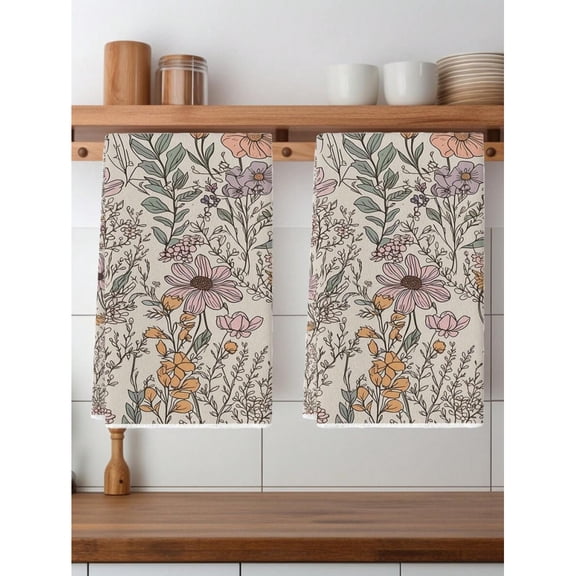 2pcs Multicolor Retro Floral Kitchen Towels, 70s Vintage Style Dishcloths For Cooking & Washing