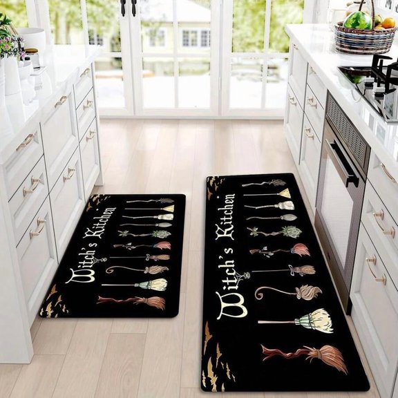 2pcs Multicolor Witchs Kitchen Broom Print Non-Slip Flannel Kitchen Mats Set