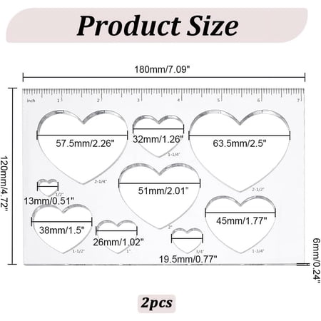 2pcs Multifunctional Acrylic Drawing Scale Ruler Painting Stencils for Painting Supplies Craft Projects Heart Pattern 120x180x6mm Inner Diameter: 11.5~52.5x13~57.5mm