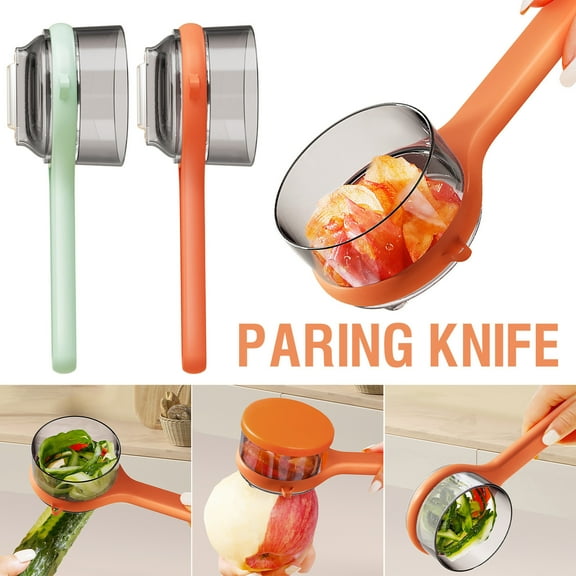 2pcs Multifunctional Stainless Steel Vegetable Peeler with Storage Box, an ergonomic kitchen tool designed for efficient peeling of fruits and vegetables, featuring container, Green,Orange