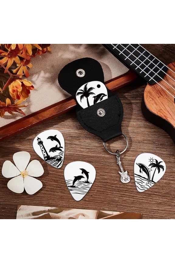 2pcs Music Gifts for Guitarist Double-side Engraved Dolphin Stainless Steel Guitar Pick Keychain Leather Holder Plectrum Guitar Set for Musician Lover Birthday Christmas Gifts