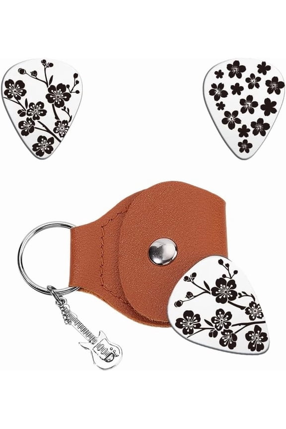 2pcs Music Gifts for Guitarist One-side Engraved Sakura Stainless Steel Guitar Pick Keychain Leather Holder Plectrum Guitar Set for Musician Lover Birthday Christmas Gifts Gray