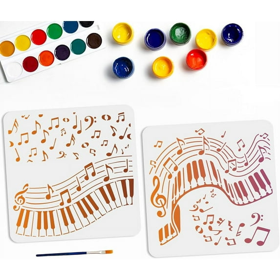 2pcs Music Note Stencil 11.8×11.8inch Musical Piano Keys Painting Stencils with Paint Brush Reusable Treble Music Template for Wood Fabric Home Decor DIY Crafts