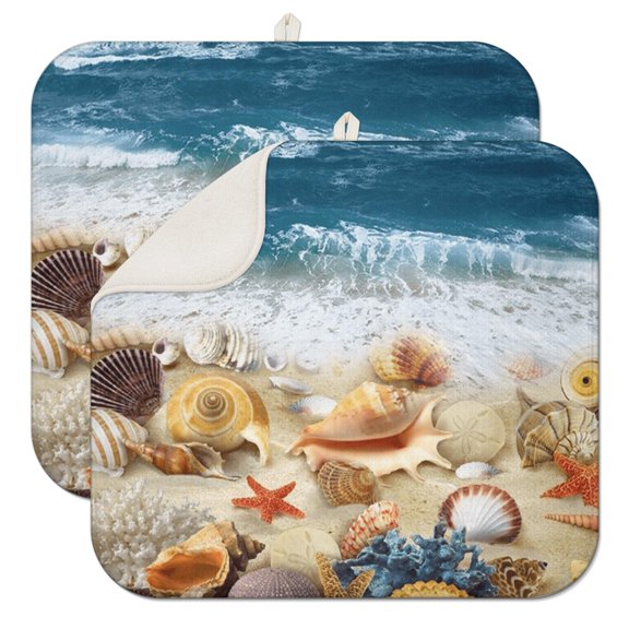 2pcs Mystical Starfish with Moon and Stars Drying Mat Super Absorbent Microfiber Dish Drying Pad Heat Resistant Countertop Mat