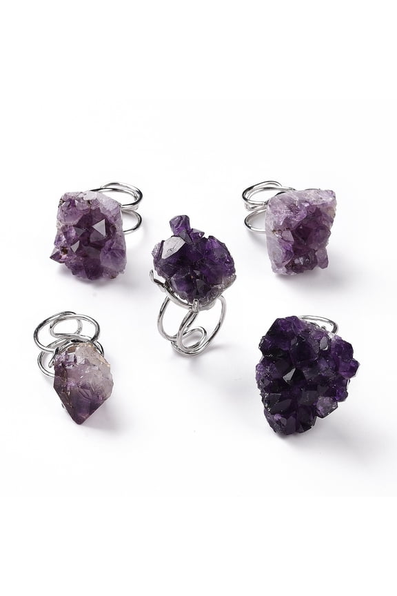 2pcs Natural Amethyst Cuff Ring Raw Rough Ring Platinum Plated Brass Jewelry for Women Inner Diameter: 17.6~18.7mm