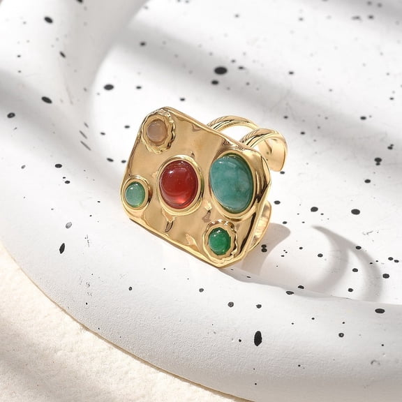 2pcs Natural Carnelian & Jade Finger Rings Rectangle 304 Stainless Steel Hollow Open Cuff Rings for Women Real 18K golden Plated Rectangle: 24.5x18mm Adjustable