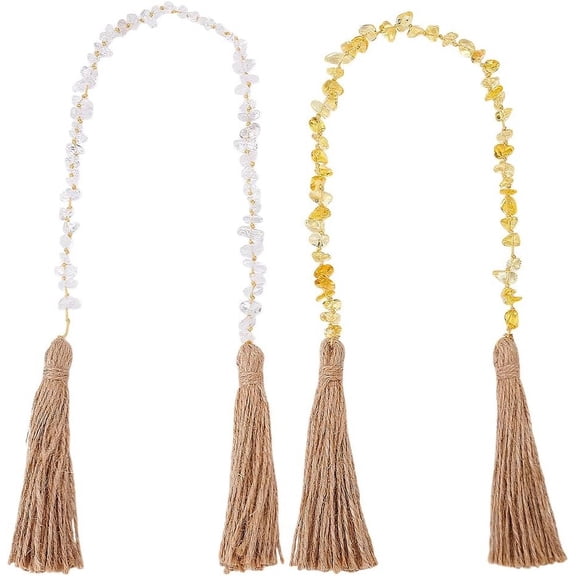 2pcs Natural Gemstone Bead Home Decor Tassels 23.6inch Farmhouse Rustic Country Table Decor Natural Prayer Beads for Lampwork Wall Hanging Decorations (Yellow and White Citrine Mixed Color