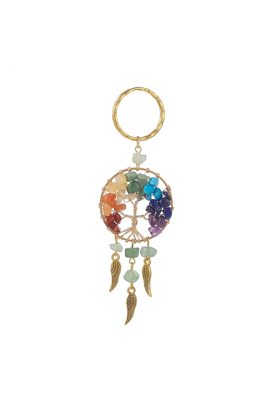 2pcs Natural Green Aventurine Keychain with Iron Split Key Rings Alloy Wing Charms and Mixed Gemstone Tree of Life Linking Rings 11.2cm