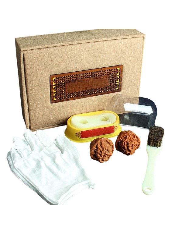 2pcs Natural Polished Wooden Handheld Ornaments With Brush And Gloves,Wenwan Walnut Gift Set, Traditional Collection Decor For Relaxation Display Gift Giving And Craft Appreciation
