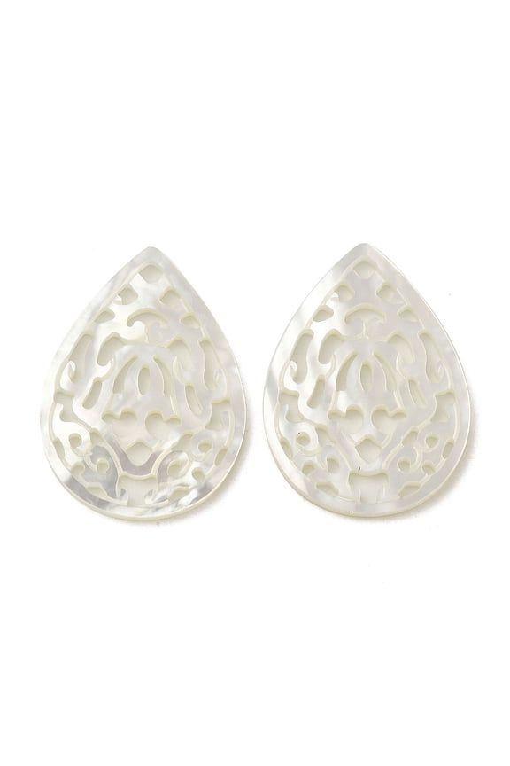 2pcs Natural White Shell Hollow Pendants Teardrop Charms WhiteSmoke 32.5x23x1.5mm Hole: 2x2.5mm for DIY