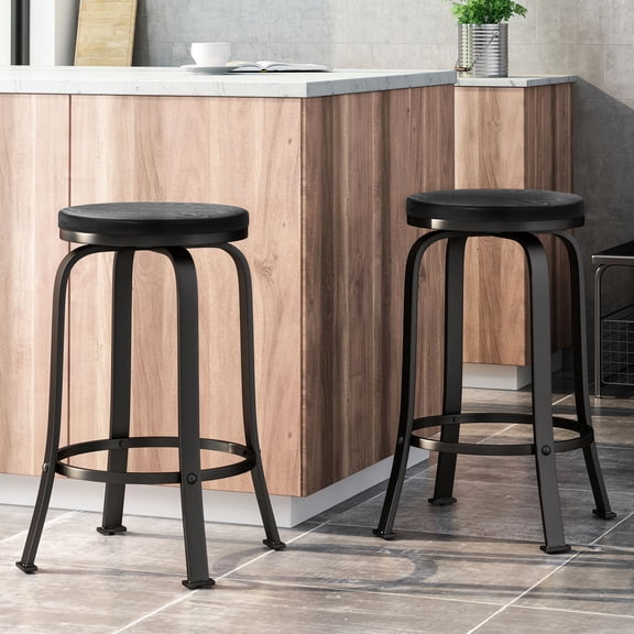 2pcs, Natural Wood Look, Iron Frame - Swivel Action - Kitchen Nook - Durable Seating