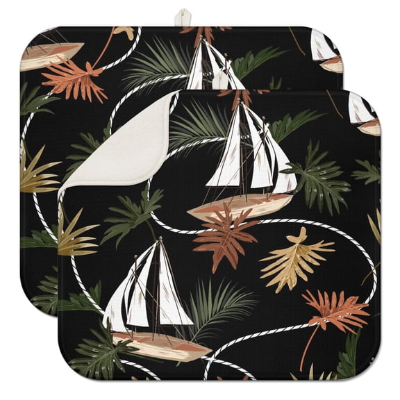 2pcs Nautical Coastal Drying Mat for Kitchen, 18"x24" Absorbent Microfiber Dish Rack Pad, Heat Resistant & Machine Washable, Beachy Tropical Design