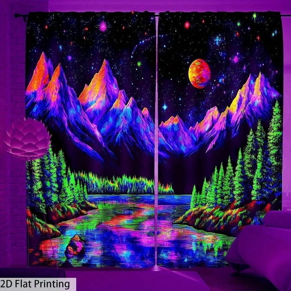 2pcs Neon Glow In Dark Curtains - Galaxy Forest Mountain Landscape, Semi-Sheer Light Filtering Privacy Panels For Living Room Bedroom
