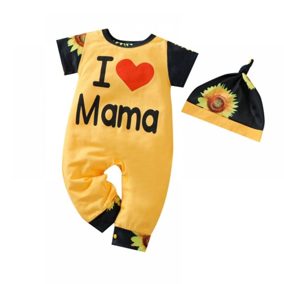 2pcs Newborn Baby Cute Bodysuit Letter Print One-piece  SunflowerPrint Hat 0-12M