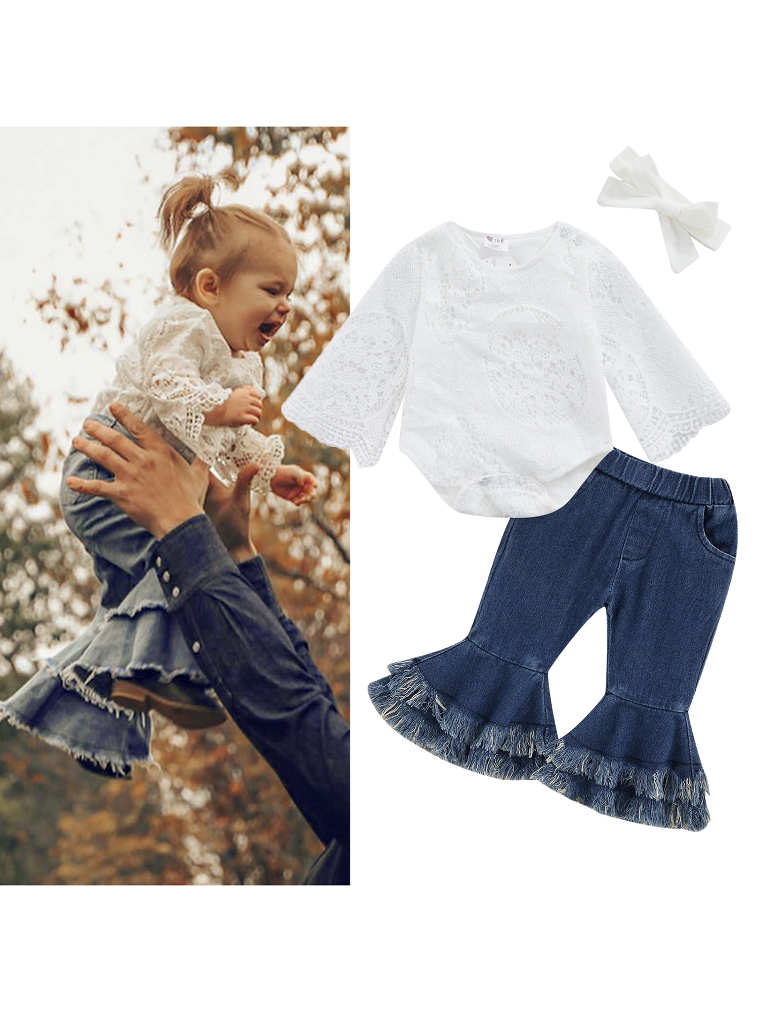 2pcs Newborn Baby Girl Pants Set Long Sleeve Lace Romper Tops + Flare