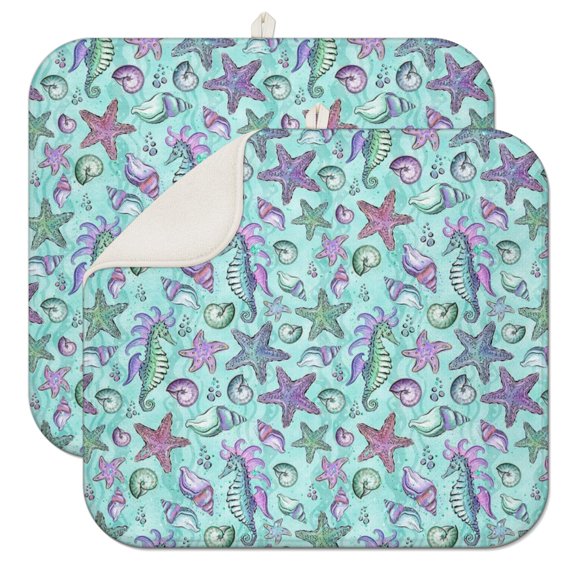 2pcs Ocean Themed Starfish Drying Mat Super Absorbent Microfiber Dish Drying Pad Heat Resistant Countertop Mat with Coral Design