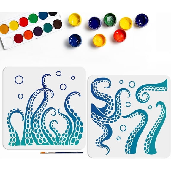 2pcs Octopus Tentacles Stencil 11.8×11.8inch Summer Sea Life Painting Stencils with Paint Brush Sea Creatures Bubbles Drawing Template for Bathroom Home Decor Walls Furniture