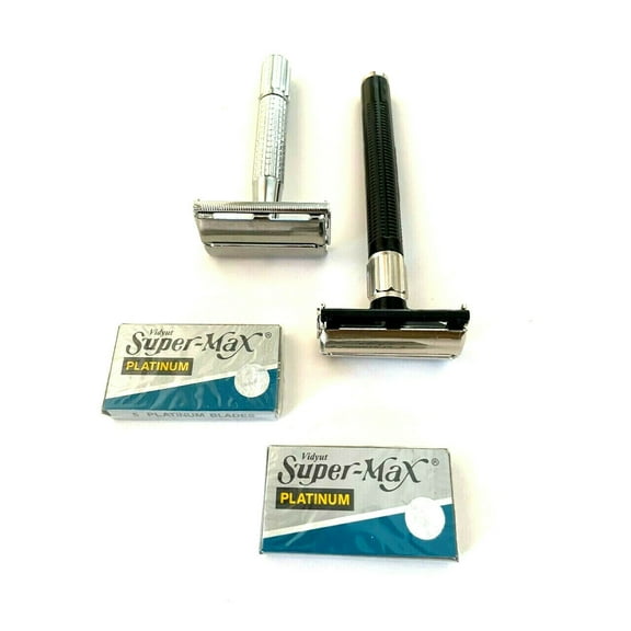 2pcs Old Fashion Classic Old School Men’s Butterfly Safety Black Silver Razors + 10pcs Double Edge Razor Blades