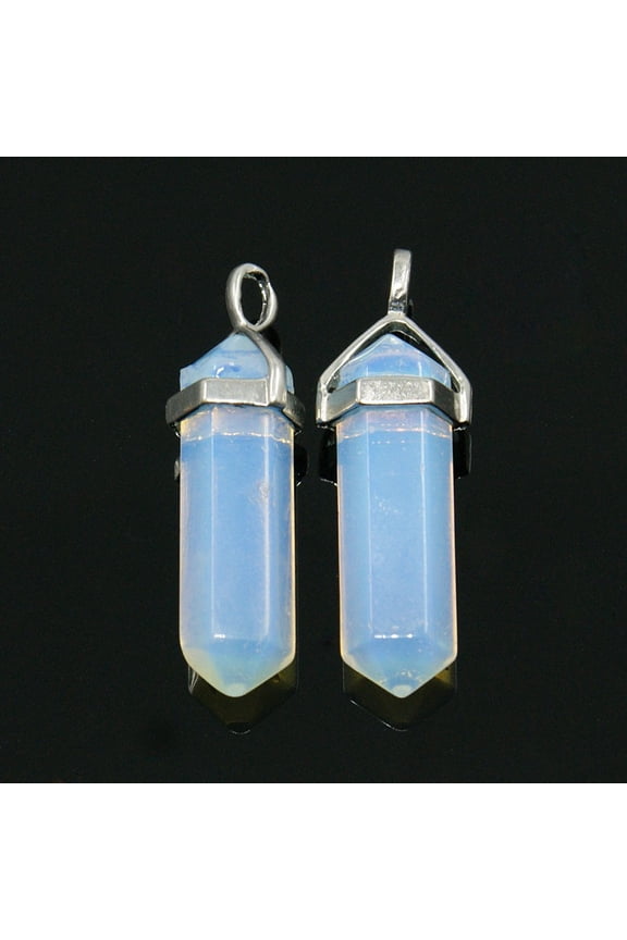 2pcs Opalite Double Terminated Pointed Pendants with Metal Findings Bullet Metal color 39~41x10~12x8~10mm Hole: 4x3mm