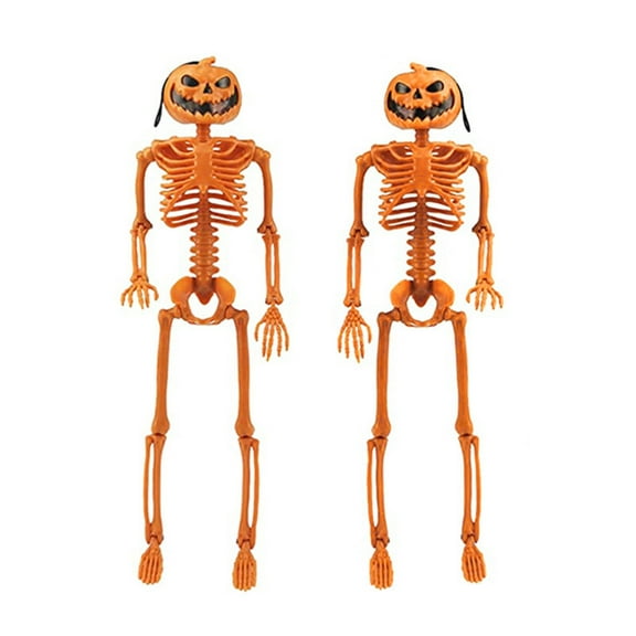 2pcs Orange Halloween Posable Skeleton Pumpkin Full Body Skeleton Decor with Movable Joints Spooky Hanging for Yard Garden Lawn Haunted House Props