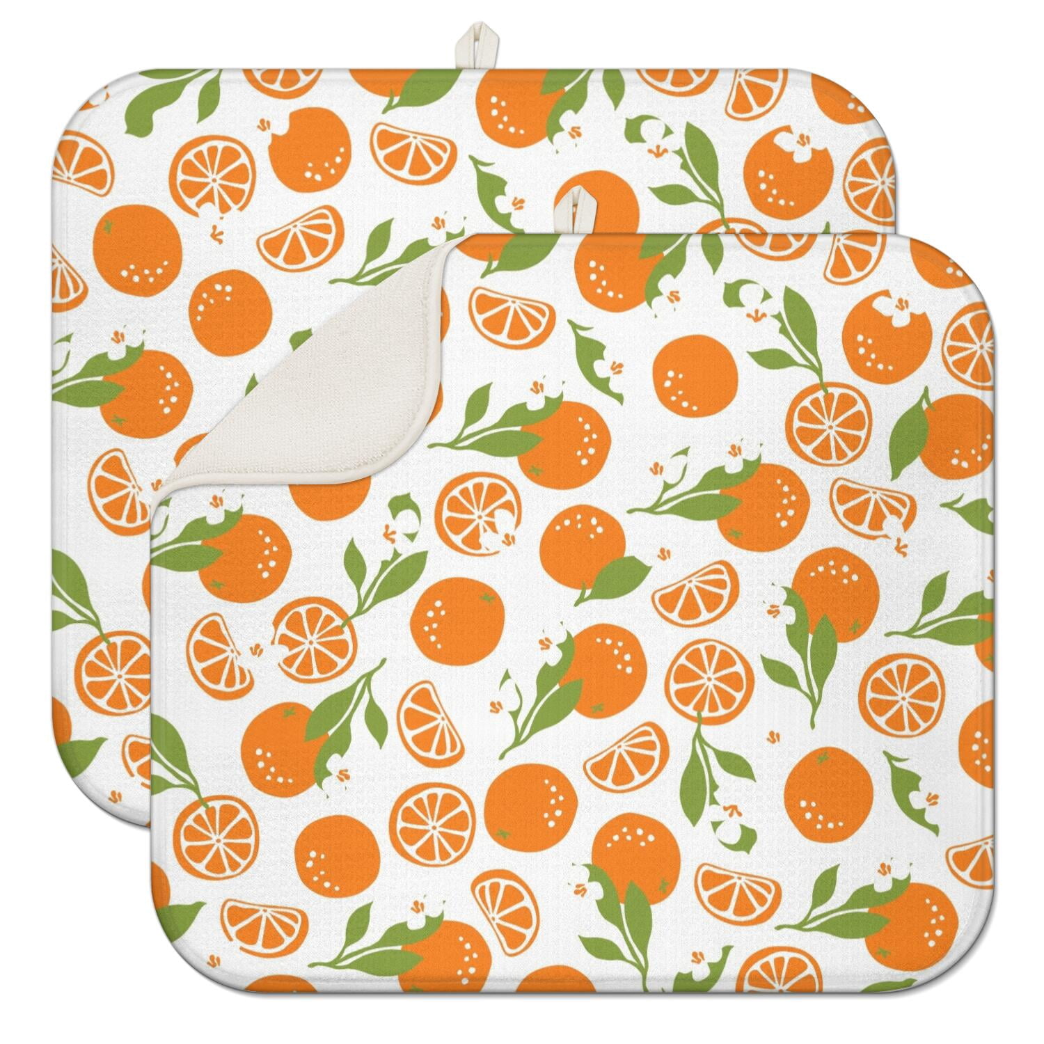 2pcs Orange-Themed Kitchen Drying Mats - Absorbent 3-Layer Dish Drying Pad with Fun Cartoon Print, Reusable & Washable Countertop Mat for Summer, Aesthetic Orange Lover Design