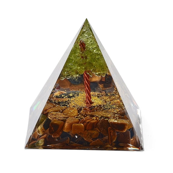 2pcs Orgonite Pyramid Resin Energy Generators Reiki Natural Tiger Eye Chips & Wire Wrapped Natural Peridot Tree of Life Inside for Home Office Desk Decoration 59.5x59.5x59.5mm