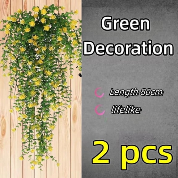 2pcs Outdoor Flowers Vine Hanging Artificial Plants t Faux Ferns Wall Greenery Garland Room Decor(Yellow)