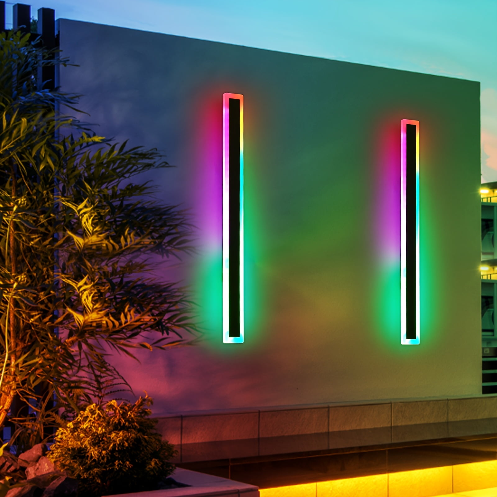 2pcs Outdoor RGB Long Wall Lights – Dimmable LED Wall Sconces with Remote & App Control, Matte Metal Finish for Patio, Garden, Indoor & Outdoor Decor