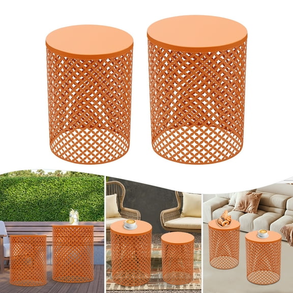 2pcs Outdoor Side Table Metal Frame Accent Table Modern End Table Orange
