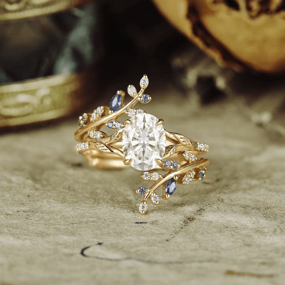 2pcs Oval Diamond Half Eternity Leaf Engagement Ring Set- 14K Yellow Gold Vermeil- Blue Sapphire Bridal Ring Set